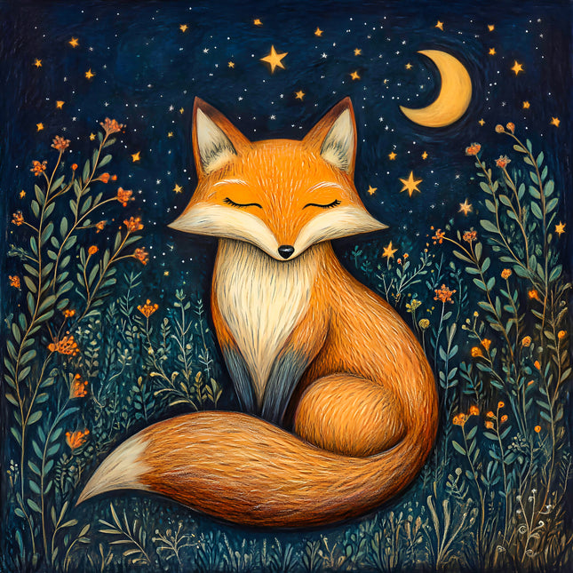 A digitally printed fabric panel featuring a stylized fox sitting among tall grasses with a crescent moon and stars in the background.