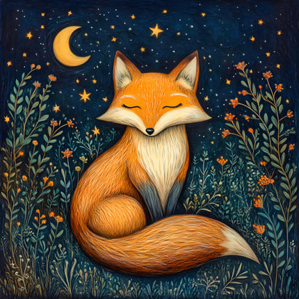 Illustration of a fox sitting among flowers and stars at night quilt block