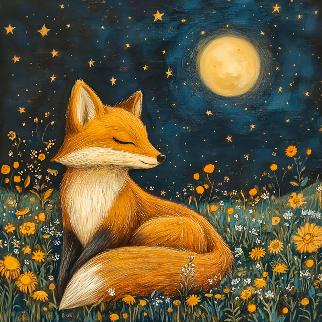 A digitally printed fabric panel featuring a stylized illustration of a fox sitting in a field with daisies, surrounded by a night sky with stars and a full moon.