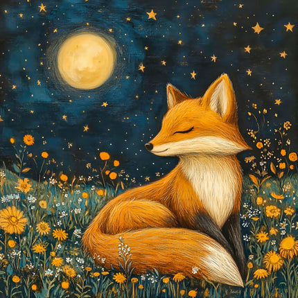Fox sitting in a field of flowers under a starry night sky with a full moon quilt block