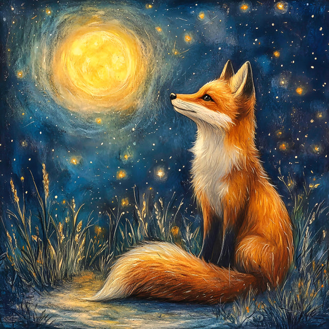A fabric panel featuring an illustration of a fox sitting in a grassy field under a moonlit night sky.