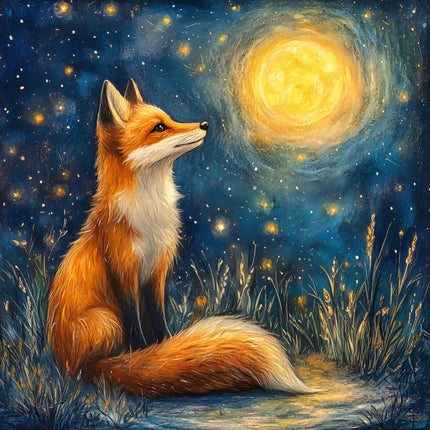 Fox sitting in a field under a starry night sky with a large moon quilt panel
