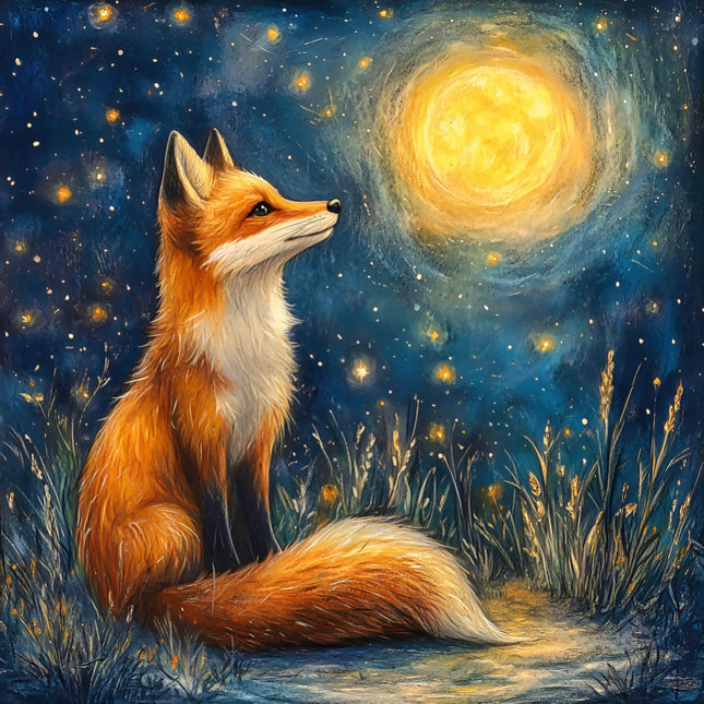 Fox sitting in a field under a starry night sky with a large moon quilt panel