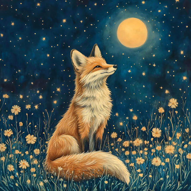 A digitally printed fabric panel featuring an illustration of a fox sitting in a field with a moon and stars in the background.