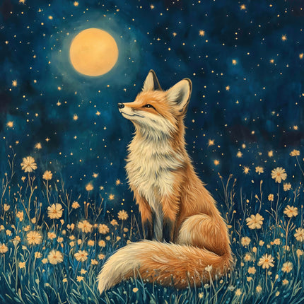 Fox sitting in a field of flowers under a starry night sky fabric panel