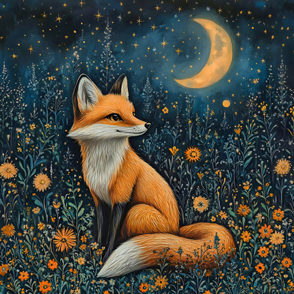 A fabric panel featuring an illustration of a orange and white fox sitting in a field of flowers with a crescent moon and stars in the background.