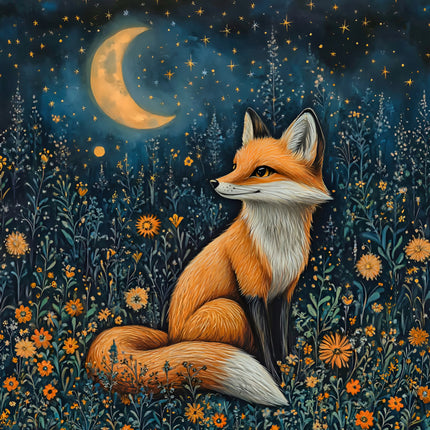 Fox sitting in a starry night forest fabric panel
