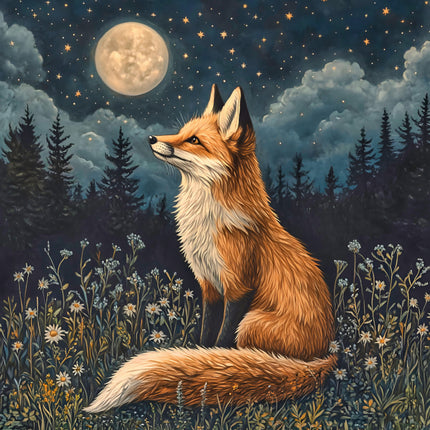Fox sitting in a field under a starry night sky with a full moon fabric panel
