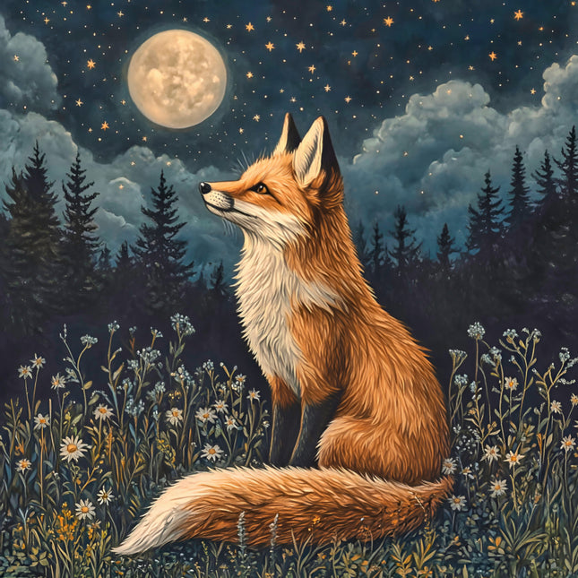 Fox sitting in a field under a starry night sky with a full moon fabric panel