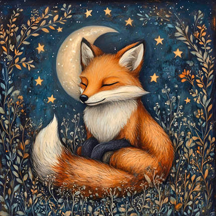A digitally printed 100% cotton fabric panel featuring a sleeping fox with a moon and stars in the background, set against a night sky.