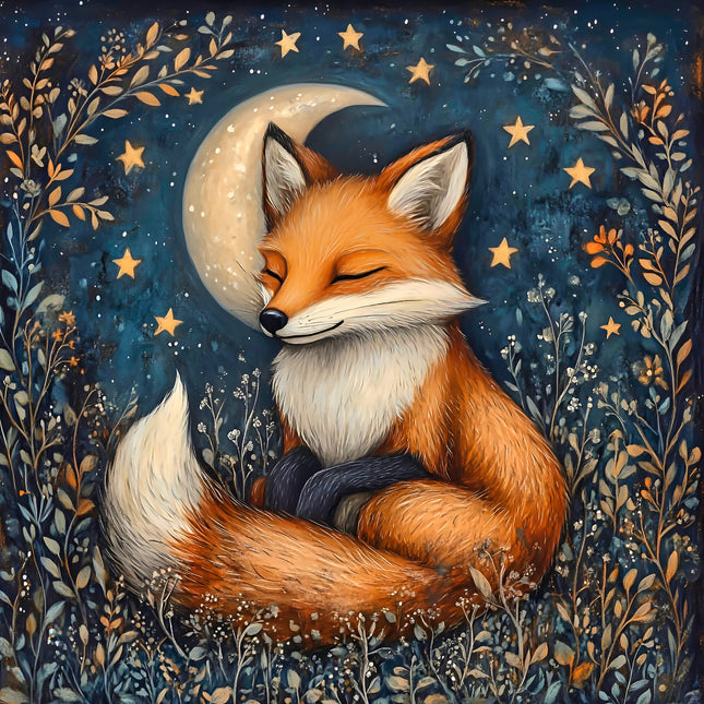 A digitally printed 100% cotton fabric panel featuring a sleeping fox with a moon and stars in the background, set against a night sky.