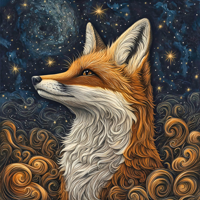 A digitally printed fabric panel featuring a realistic image of a fox with a night sky and stars in the background, designed for quilting and sewing.