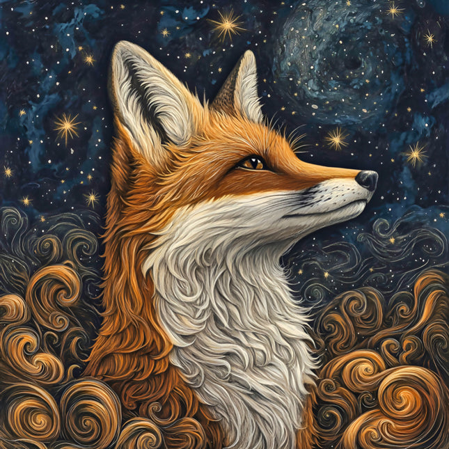 fox against a starry night sky with swirling clouds fabric panel