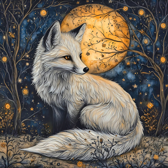 A digitally printed 100% cotton fabric panel featuring a white fox with orange eyes sitting in front of a full moon with stars and trees in the background.