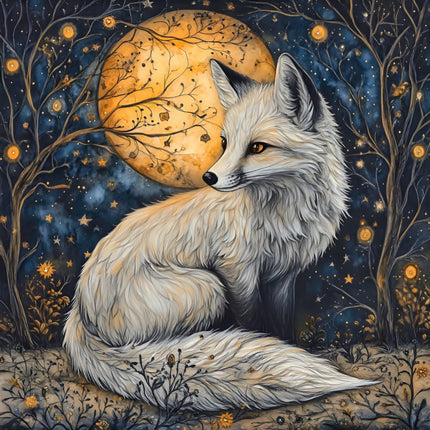 Fox sitting under a full moon in a forest setting fabric panel