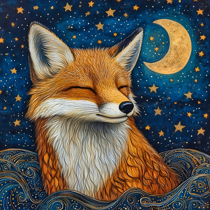 A digitally printed 100% cotton fabric panel featuring a block design with a stylized fox and moon motif against a night sky background.