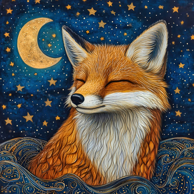 Illustration of a fox with a starry night sky and moon in the background quilt panel