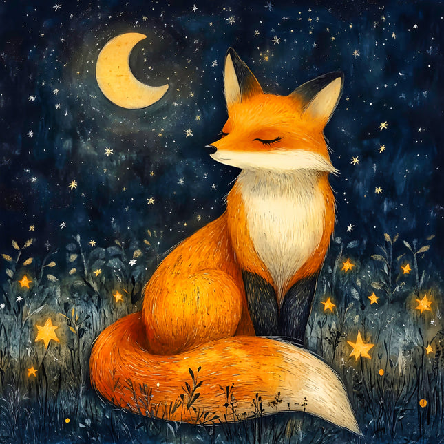 A digitally printed fabric panel featuring an orange fox sitting in a starry night field with a crescent moon in the background.