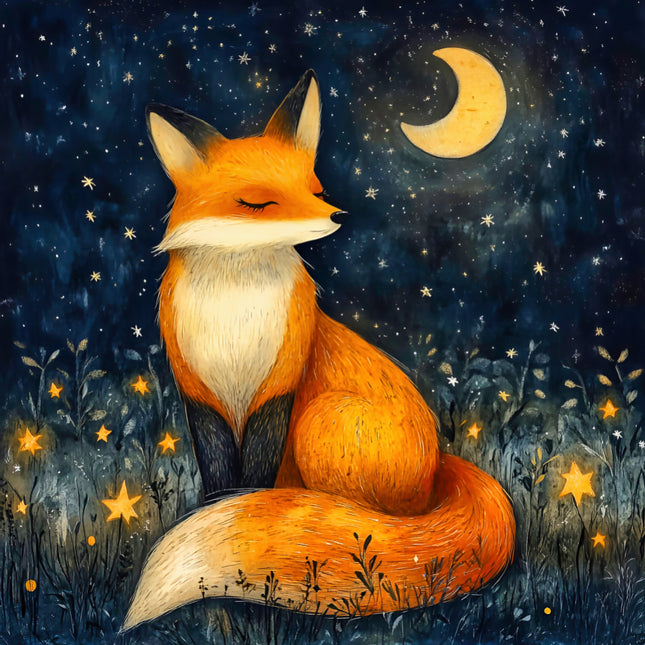 Fox sitting in a starry night scene with a crescent moon quilt block