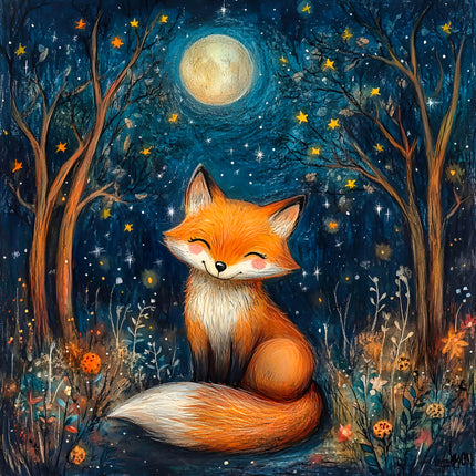 A digitally printed fabric panel featuring a cheerful orange fox sitting under a night sky with a full moon and stars, surrounded by trees and autumn leaves.