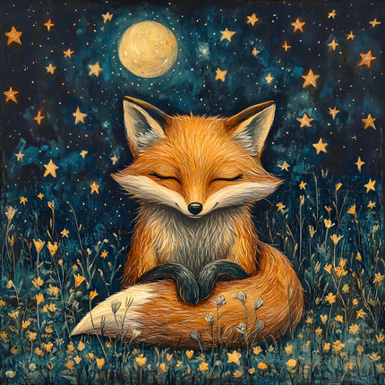 A digitally printed fabric panel featuring a stylized fox sitting in a field with a moon and stars in the background.