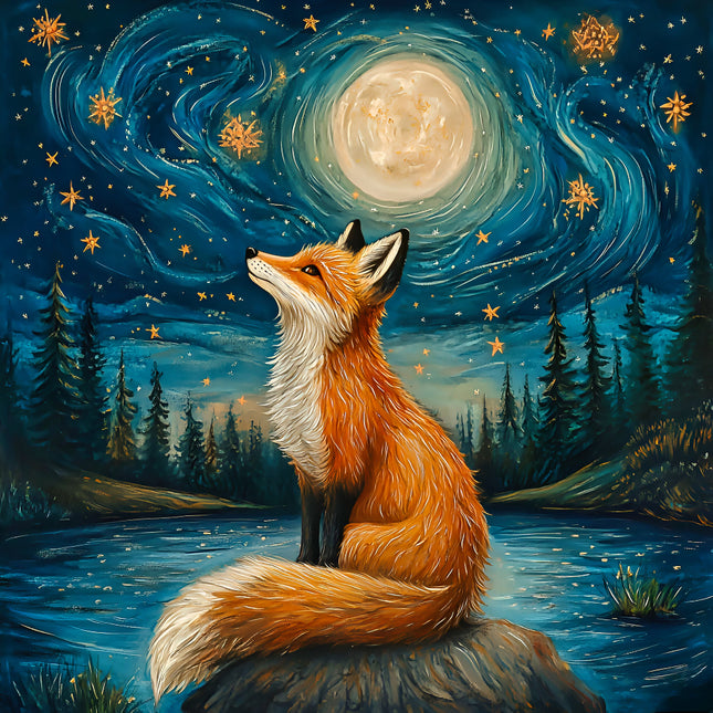 A fabric panel featuring an illustration of a fox sitting on a rock, looking up at the moon and stars in the night sky.