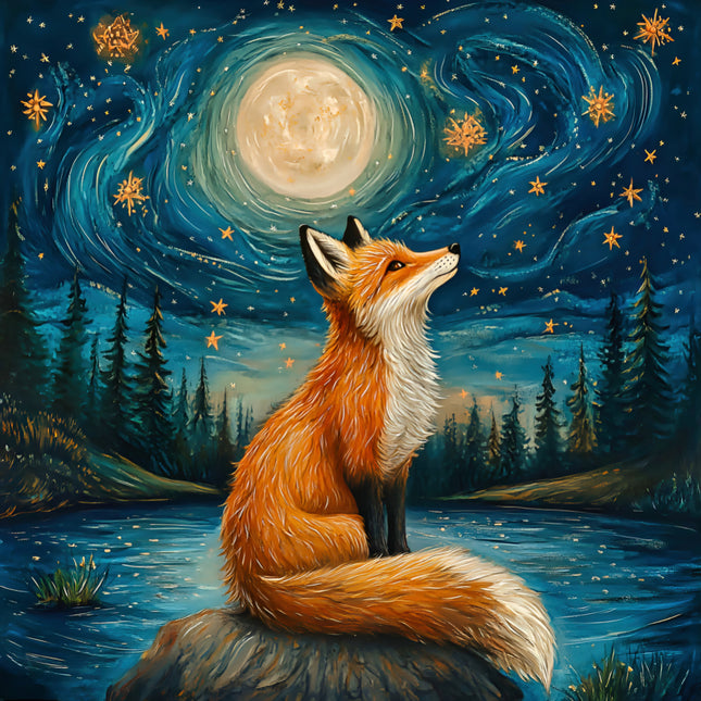 Fox sitting on a rock by a lake under a starry night sky with a full moon fabric panel