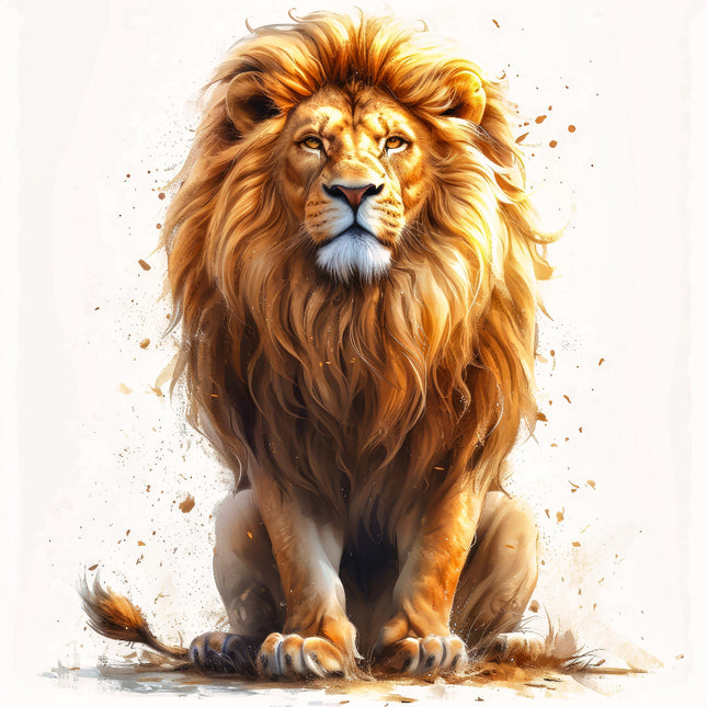 A digitally printed fabric panel featuring a block image of a majestic lion with a mane in shades of orange and a face in a lighter color, sitting facing forward.