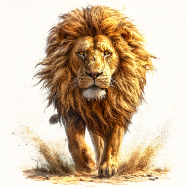 A digitally printed fabric panel featuring a majestic lion in a dust cloud, designed for quilting and sewing.