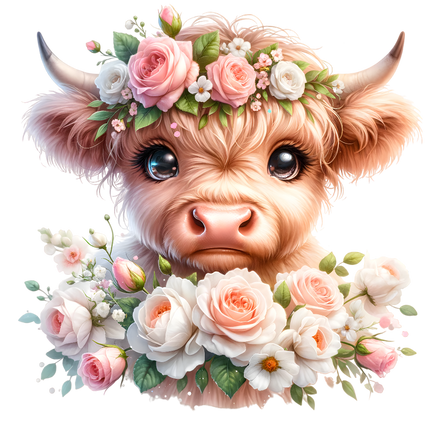 A digitally printed 100% cotton fabric panel featuring a floral design with a Highland cow adorned with a floral crown.