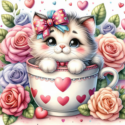 A fabric panel featuring a digitally printed design with a cute cat inside a teacup, surrounded by roses and hearts.