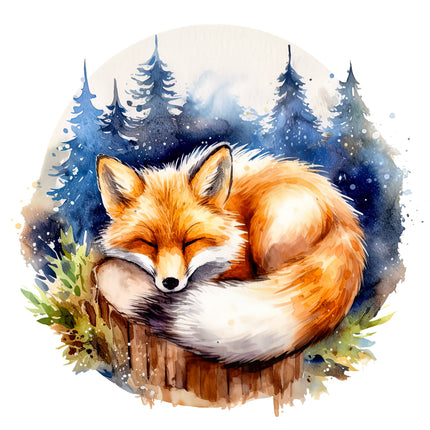 A digitally printed 100% cotton fabric panel featuring a stylized image of a sleeping fox with a forest and night sky in the background.