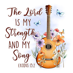 A fabric panel featuring a digitally printed design with a guitar, flowers, and the text 'The Lord is My Strength and My Song' from Exodus 15:2.