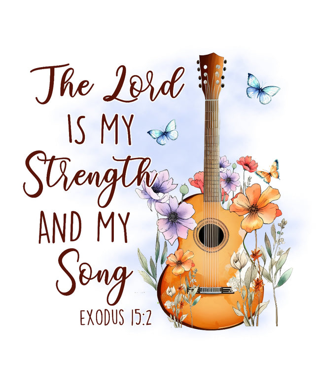 A fabric panel featuring a digitally printed design with a guitar, flowers, and the text 'The Lord is My Strength and My Song' from Exodus 15:2.