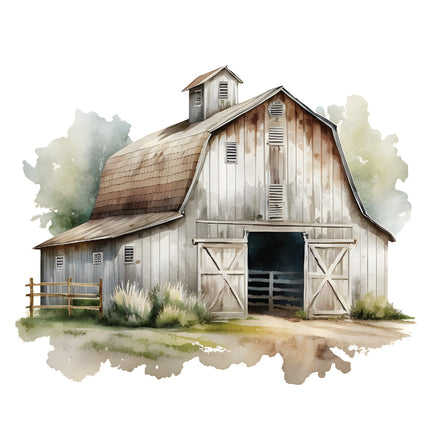 A fabric panel featuring an old barn 