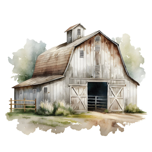 A fabric panel featuring an old barn 