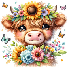 A digitally printed 100% cotton fabric panel featuring a block design with a highland cow adorned with a floral wreath, including sunflowers and various butterflies.