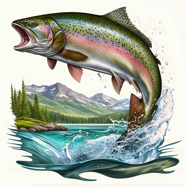 Illustration of a rainbow trout leaping out of water fabric panel