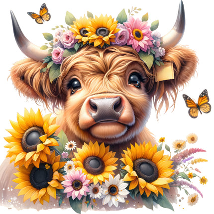 A fabric panel featuring a digitally printed highland cow with sunflowers and floral wreath.