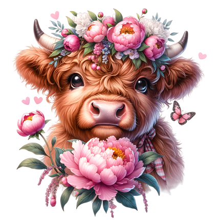 A digitally printed 100% cotton fabric panel featuring a floral design with a highland cow in the center, surrounded by pink and white flowers.
