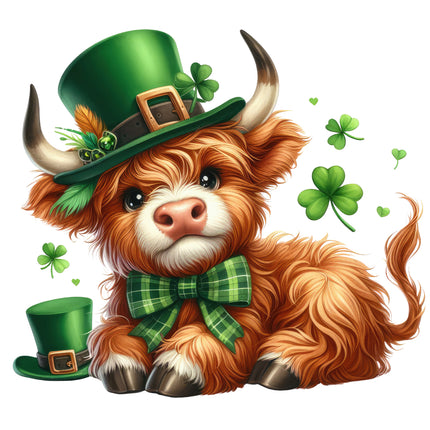 highland cow wearing a green St. Patrick's Day hat and bow tie with shamrocks fabric panel