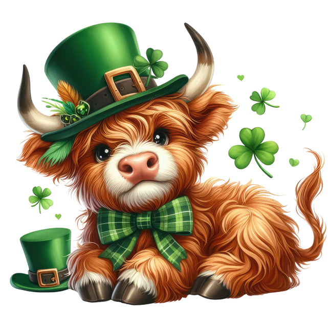 highland cow wearing a green St. Patrick's Day hat and bow tie with shamrocks fabric panel