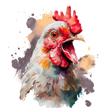 A digitally printed fabric panel featuring a stylized, colorful chicken on a white background.