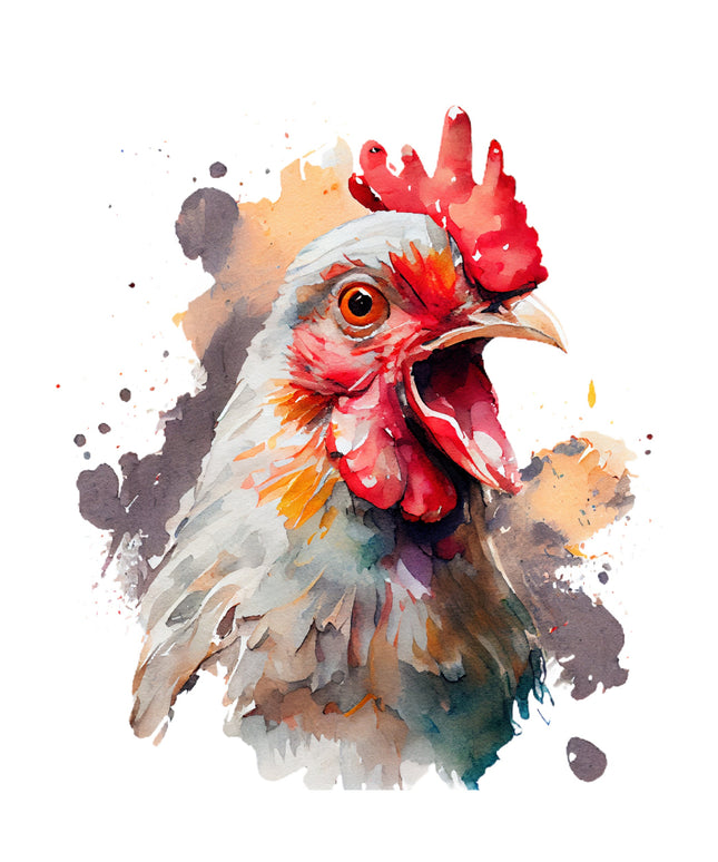 A digitally printed fabric panel featuring a stylized, colorful chicken on a white background.