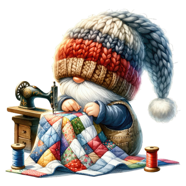 A digital illustration of a gnome sitting at a sewing machine, quilting a multicolored fabric panel.