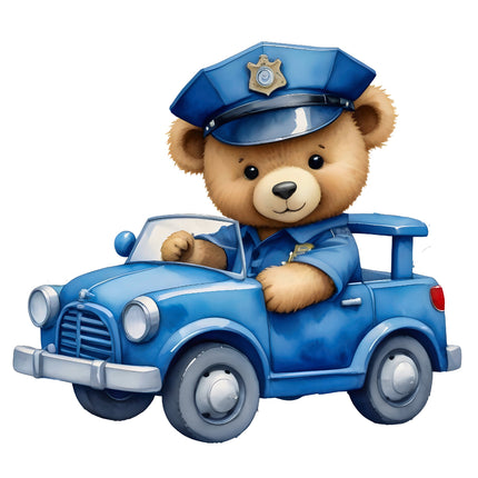 A digitally printed 100% cotton fabric panel featuring a teddy bear dressed as a police officer sitting in a blue car.