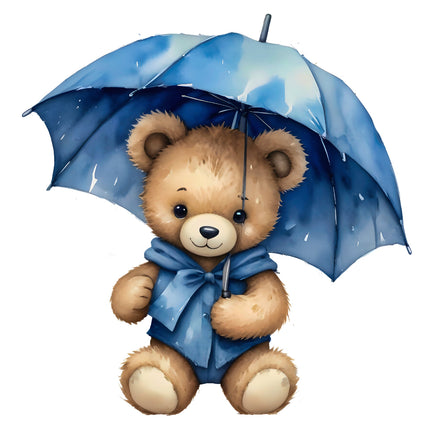 A digitally printed 100% cotton fabric panel featuring a teddy bear with a blue umbrella.