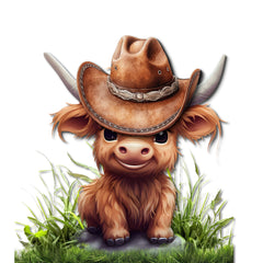 A digitally printed fabric panel featuring a cute baby Highland cow wearing a brown cowboy hat, positioned on a green grass background.