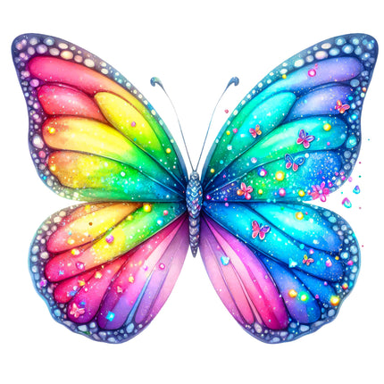 A colorful butterfly with a rainbow pattern on its wings fabric panel