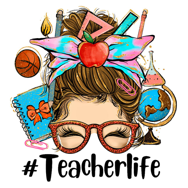 A fabric panel with a illustrated character resembling a teacher with glasses, a apple, and various school-related items like books and a globe.